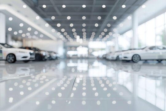 car showroom with many cars on display. cars are white and showroom is very clean