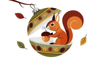 Festive Squirrel Ornament Illustration: A charming holiday graphic featuring a cute squirrel cradling an acorn within a decorative bauble, perfect for seasonal greetings,