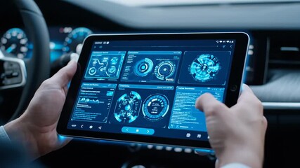 Hands holding a tablet showing a futuristic blue car dashboard interface. - Powered by Adobe