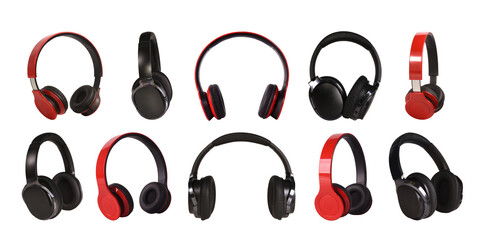 A set of wireless headphones, red and black, from different angles on an isolated background