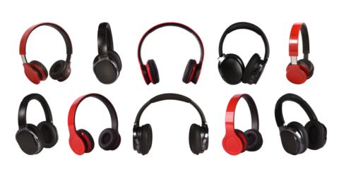 A set of wireless headphones, red and black, from different angles on an isolated background