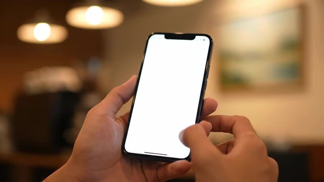 Close up of hands holding a smartphone with a white blank screen indoors