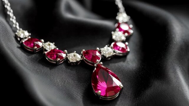A necklace lies on dark fabric, showcasing red stones and white accents. The design highlights the sparkle and color of the stones, capturing the beauty of the jewelry.