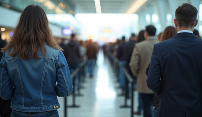 Fototapeta premium Long queues at passport control in busy airport terminals.
