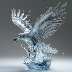 A striking translucent eagle sculpture made of splashing water is captured mid-landing with wings spread wide, frozen in a moment of fluid motion against a neutral gray background.