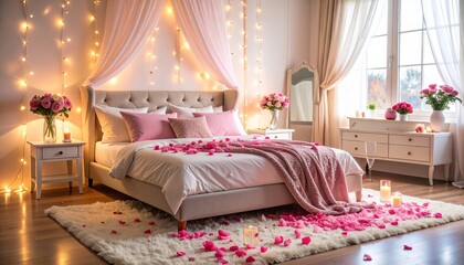 Cozy pink bedroom with fairy lights and rose petals