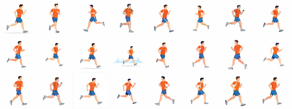 Running Man Sprite Sheet: A Collection of Illustrations Depicting Various Phases of Jogging and Sprinting for Animation and Fitness Graphics.