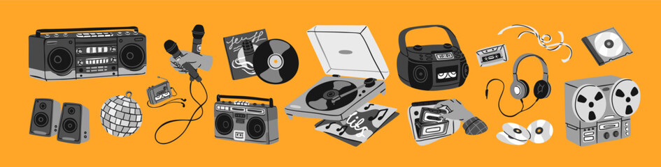 Black and white set of retro musical items. Boombox with compact discs, old vinyl and tape cassette players, headphones, microphones and speakers to play music. Flat isolated vector illustrations.