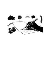 Traditional Letter Writing and Penmanship Silhouette. Hands Using Fountain Pen for Intentional Communication and 2026 Analog Revival Concept Vector.