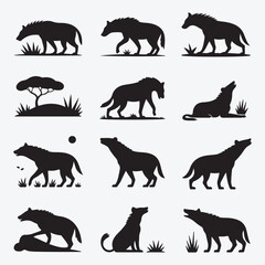 Obraz premium A comprehensive collection of wild and farm animal silhouettes featuring a black vector set of a lion, elephant, horse, dog, and wildlife icons for nature illustrations