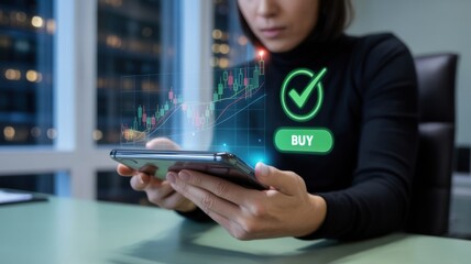 Making a smart investment: woman engages with an augmented reality stock market interface