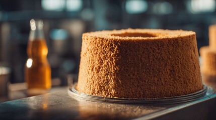 Coconut chiffon cake cooling upside down on bottle, wide environmental shot, industrial kitchen background