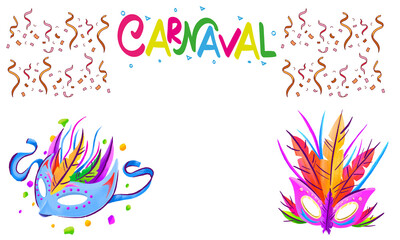 Obraz premium Festive carnival text and colorful masquerade masks with confetti are isolated on a transparent background for celebration.