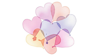 Abstract circular cluster of transparent watercolor hearts with ink splashes