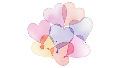 Abstract circular cluster of transparent watercolor hearts with ink splashes