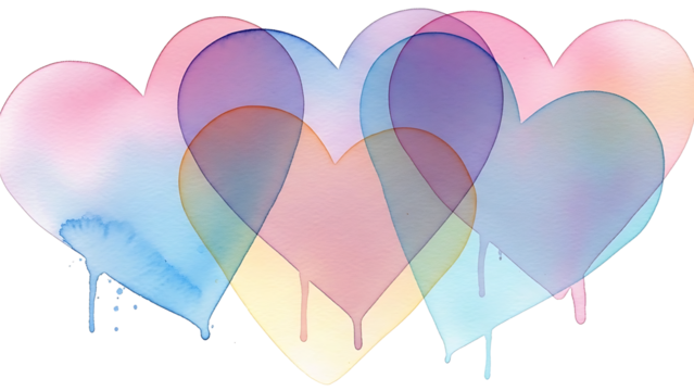 Overlapping colorful watercolor hearts with paint drips on transparent background - Powered by Adobe