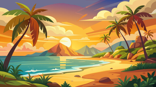 Tropical sunset beach with palm trees and mountains Vector