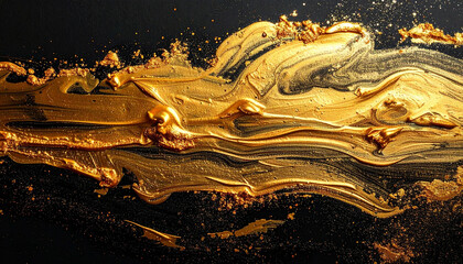 黒背景に広がる金のアクリル絵の具の筆跡、液体金属の抽象的なテクスチャ。Abstract gold acrylic paint stroke on black background, liquid metallic texture.
