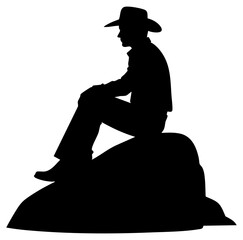 Cowboy Silhouette Sitting on Rock with Western Hat Isolated on Transparent Background