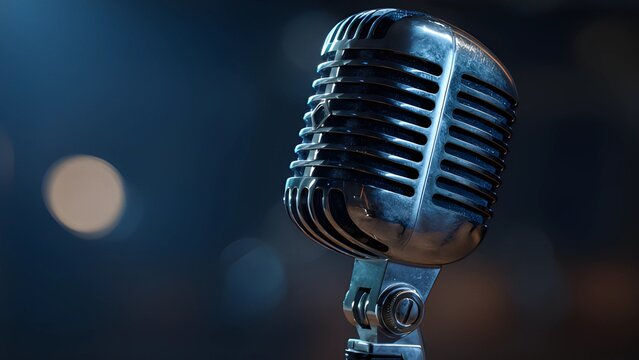 Old microphone vintage stand on a blur bokeh comedy show flyer dark background. Classic vintage microphone on a stand, on a spotlight, smoky, warmly lit background