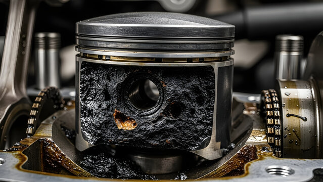 Damaged engine piston with heavy carbon buildup and oil sludge - Generated AI.
