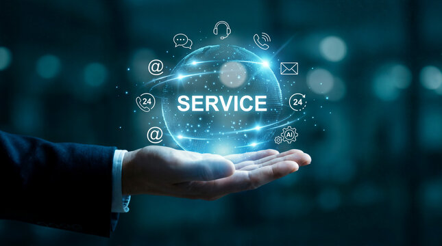 Customer service and support solution, Businessman offering digital support with global communication icons. Contact us page, online helpdesk, 24/7 service, Ai chatbot, email, Ai assistance.