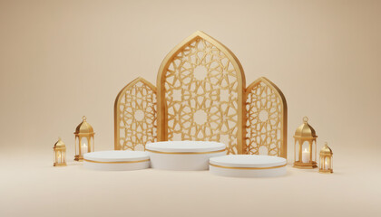 Luxury 3D Ramadan Kareem podium with golden crescent, lanterns, and elegant Islamic patterns.