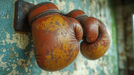 Worn boxing gloves on a weathered wall; abandoned gym background; nostalgic sport image