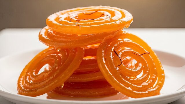 Stack of delicious golden jalebi sweets garnished with saffron threads