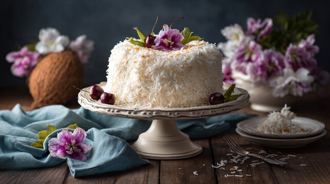 Coconut chiffon cake photographed with harsh flash, editorial realism style