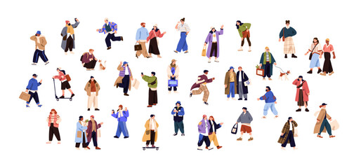 Set of stylish tiny people outdoors. Men and women in fashion coats are walking, stroll dog, ride scooter, running, skateboarding. Crowd is on city street. Flat isolated vector illustration on white.