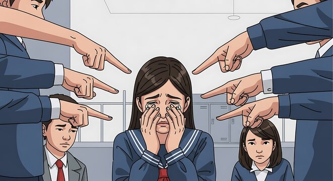 Unhappy students are blamed as multiple fingers point at them.