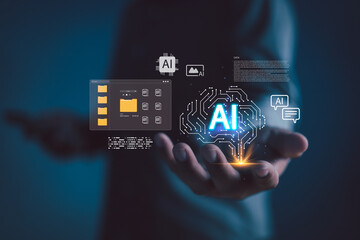 Businessman hand holding virtual AI brain graphic with cloud data icons. Concept of future artificial intelligence technology, machine learning, and smart digital business automation.