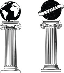 Earth and cosmos globe on classical pillars vector illustration, philosophy astronomy symbolism, vintage engraving style