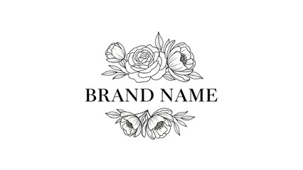 Elegant Floral Brand Name Logo Design with Hand Drawn Peonies and Roses. © Tomo