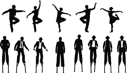 Set of silhouettes of dancers performing various moves and circus performers walking on stilts, isolated black vector figures on a white background © MDRAZIURRAHMAN