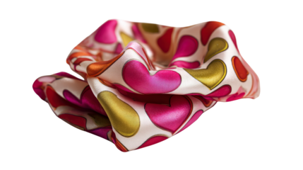 Colorful silk scarf tied in knot isolated on transparent backdrop with heart pattern represents beauty and fashion accessory for modern style concept