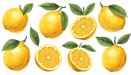A vibrant and colorful illustration of lemons and oranges with green leaves on a black background