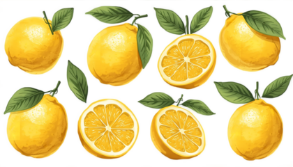 A vibrant and colorful illustration of lemons and oranges with green leaves on a black background