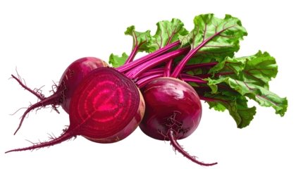 Close-up of fresh beets, one sliced, with vibrant green and red leaves against black backdrop