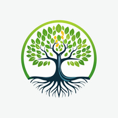 Fototapeta premium Circular green tree of life logo with roots.