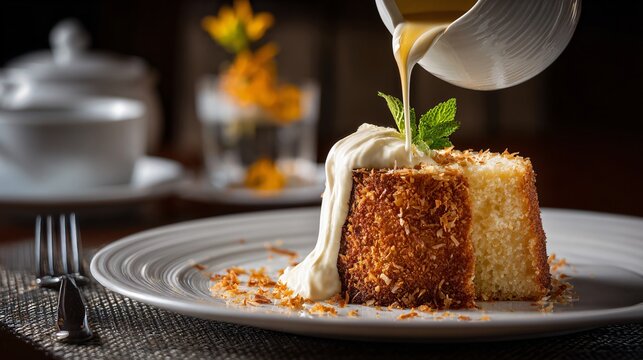 Coconut chiffon cake served with coconut cream poured tableside, action freeze, fine dining narrative