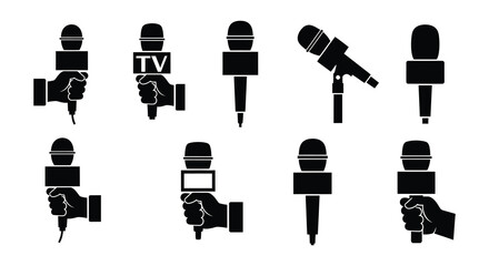 A collection of diverse microphone styles in black silhouette illustrations © nurjahan