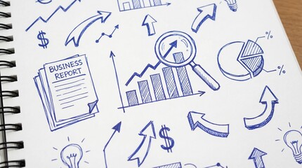 Business strategy concepts sketched in a notebook for planning and growth