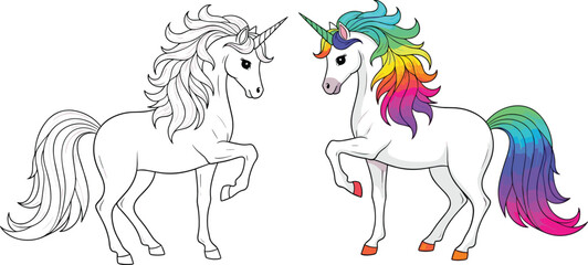 Two unicorns illustration, black and white outline and colorful rainbow mane unicorns, fantasy cartoon vector art for kids design print © Itz Mehedi