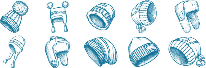 Collection of hand-drawn winter hats beanie trapper hat