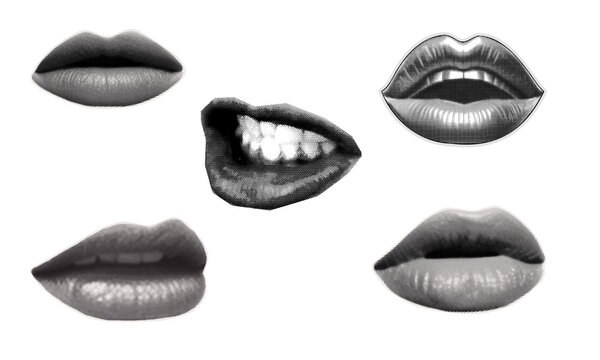 PNG image of&nbsp;Collection of five stylized, vintage halftone art mouth and lip illustrations on transparent background