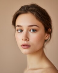 Fototapeta premium Portrait of a young woman with a neutral expression, soft lighting highlighting her features against a warm, neutral background, creating a serene and inviting atmosphere