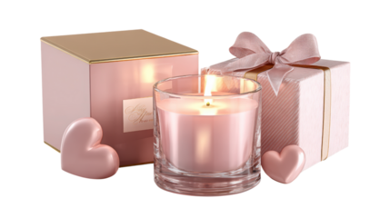 Decorative candles and presents featuring heart accents for cozy valentines day setting beautiful gift packages next burning scented candles displayed