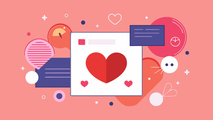Social media interface with heart symbol and romantic icons in flat modern style on pink background